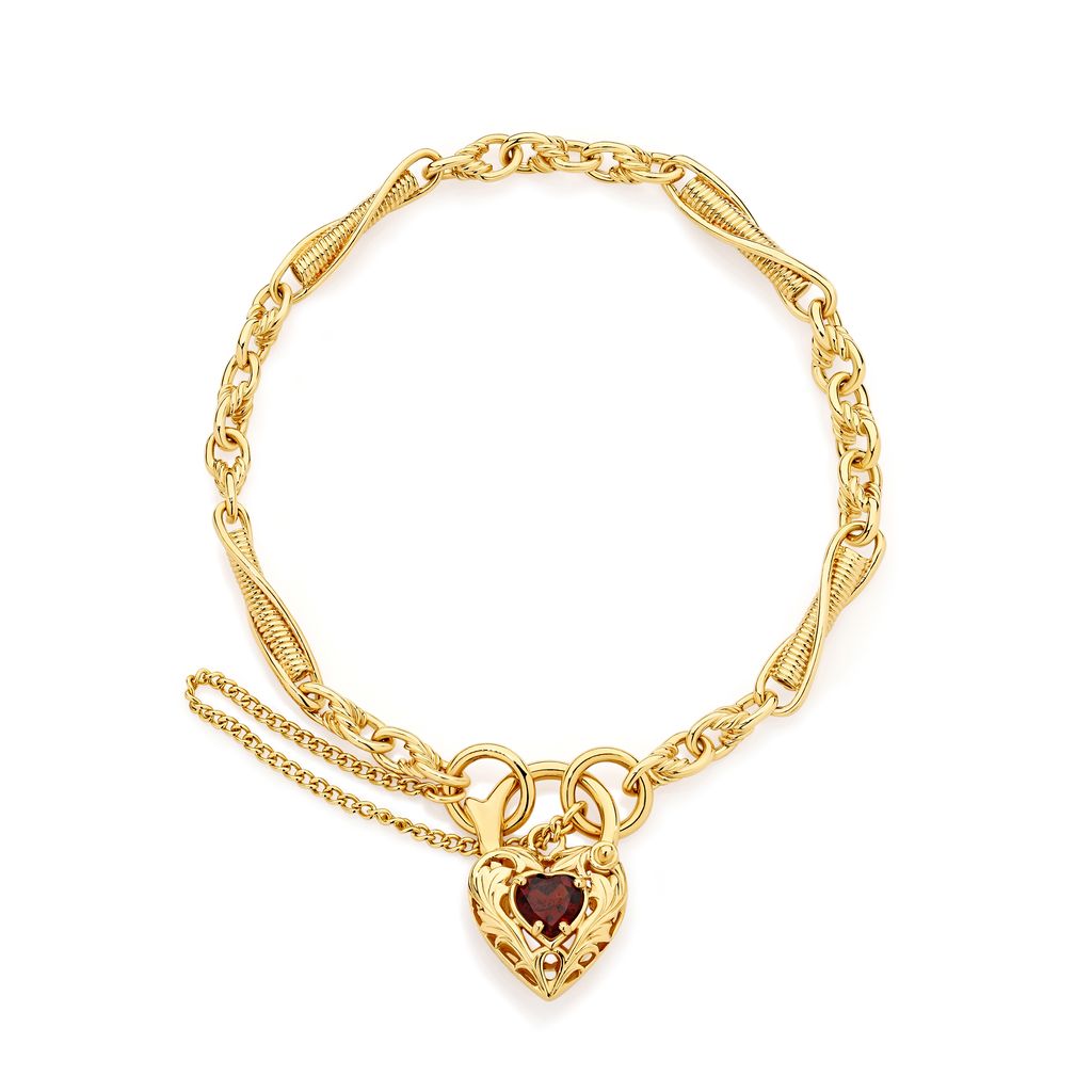 9ct gold fancy link twist and rope link bracelet with garnet heart padlock clasp