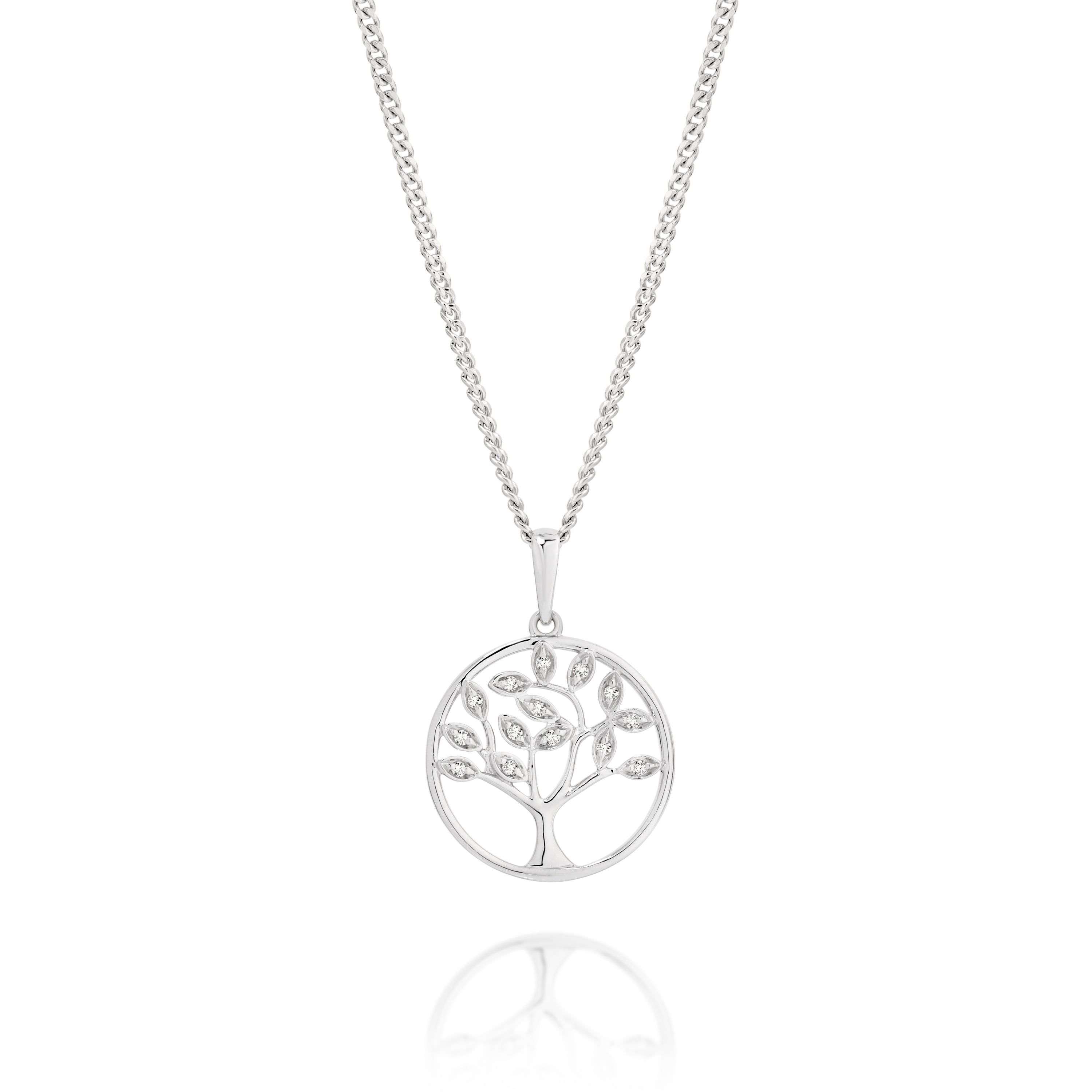 9ct white gold 0.05ct diamond tree of life pendant