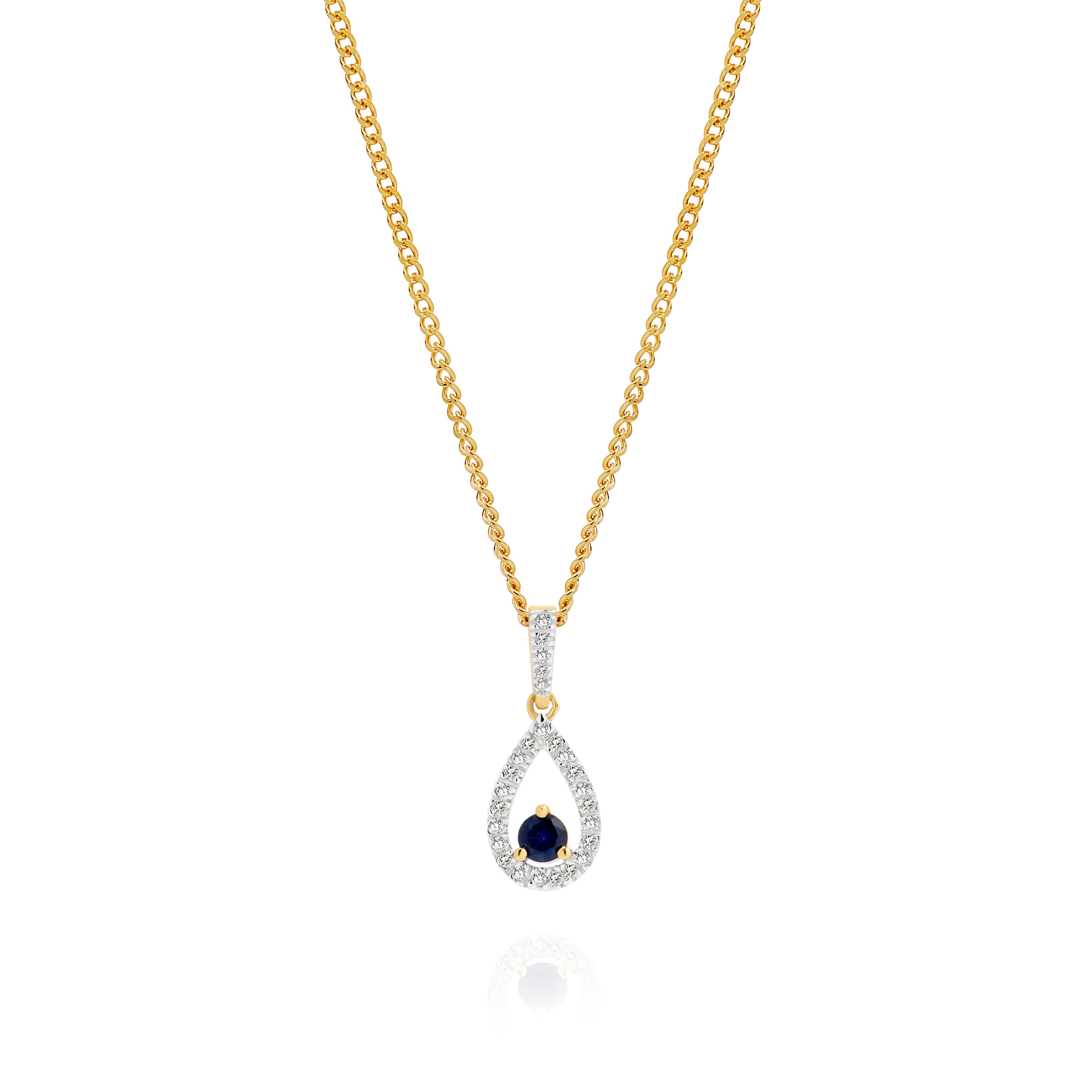 9ct blue sapphire & 0.10ct diamond teardrop pendant