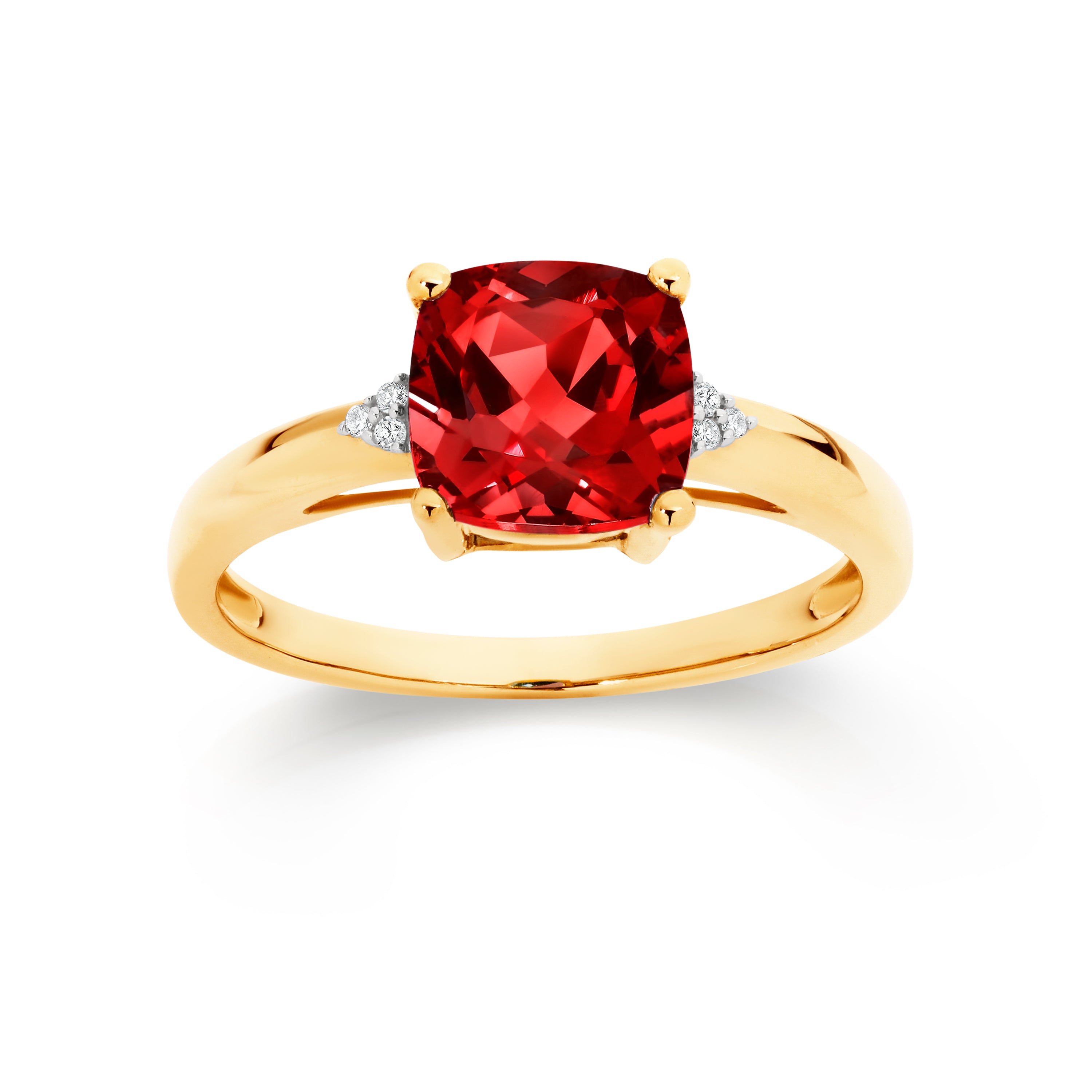 9ct gold cr ruby & dia cushion ring