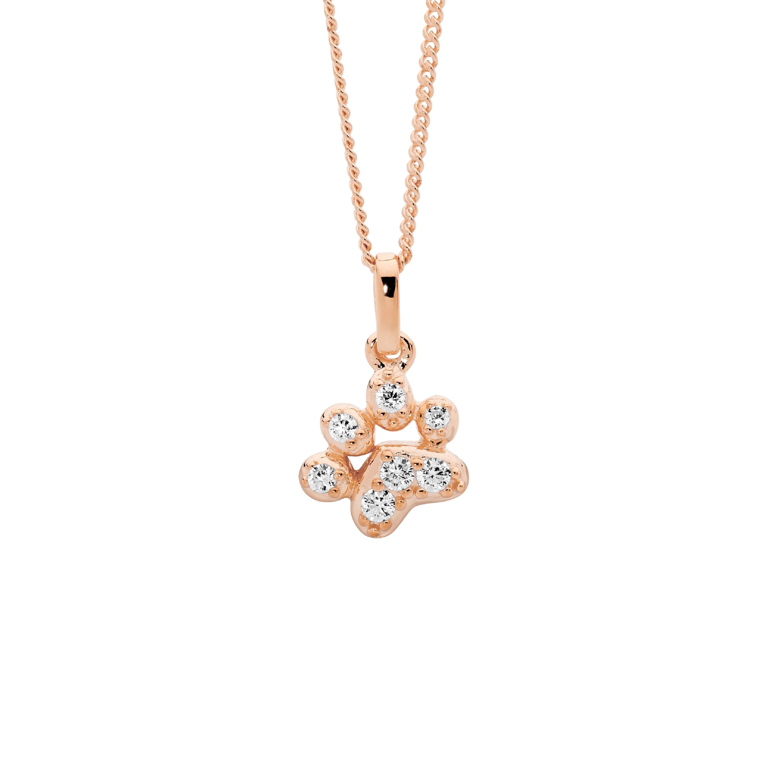 Ellani Paw Print Necklet with CZ in Rose Plating