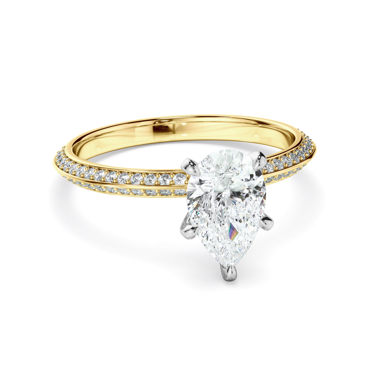 Pear Cut Diamond Knife Edge Engagement Ring With Diamond Pave Sides